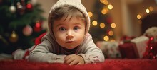 Cute Young Boy With Christmas Bokeh Light, Kid In Christmas And New Year Time, Generative Ai