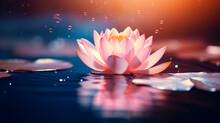 A Brightly Blooming Water Lotus Growing Among Lush Green Leaves On A Tranquil Pond