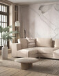 Beige corner sofa against of big windows. Minimalist interior design of modern living room