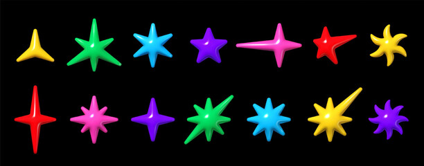 3D Y2K inflatable stars, glossy colorful plastic shapes, vector isolated elements set