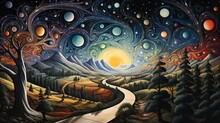 winding road landscape bright sun album cover glittering stars scattered about dreams surreal dreamy poetic swirl passages roads