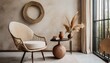 Curved chair and accent side table against stucco wall with rustic decor. Boho home interior design of modern living
