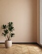 Empty room interior background, beige wall, pot with plant, wooden flooring 3d rendering