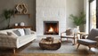 Fireplace decorated with stone tiles in minimalist interior design of modern living room with sofa