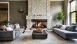 Fireplace decorated with stone tiles in minimalist interior design of modern living room with sofa