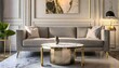 Gray fabric sofa and marble stone coffee table. Hollywood regency style interior design of modern living room.
