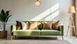 Light green sofa with brown and beige pillows against wall with copy space. Scandinavian home interior design of modern living room.