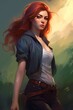 woman red hair jacket casual summer clothes chase thin lustrous long auburn looks talented harsh sunlight female cowgirl cleric