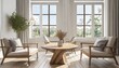 © Martin - Rustic live edge tree stump accent coffee table near white corner sofa Scandinavian home interior design