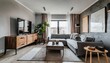 © Martin - Studio apartment with grey sofa against window and wooden cabinet Interior design of modern living room