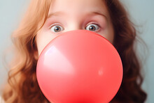 Young Teen Girl Blowing Big Red Bubble With Gum Close Up View. Dental Care And Lifestyle Concept.