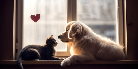 Adorable pair of domestic cat and golden retriever dog lying together on windowsill of home window with heart shape on glass indoor