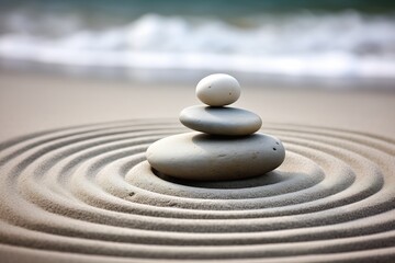 stone stack beach wave background concentric circles zen concept avatar stress center cannot hold simplified hovering writings