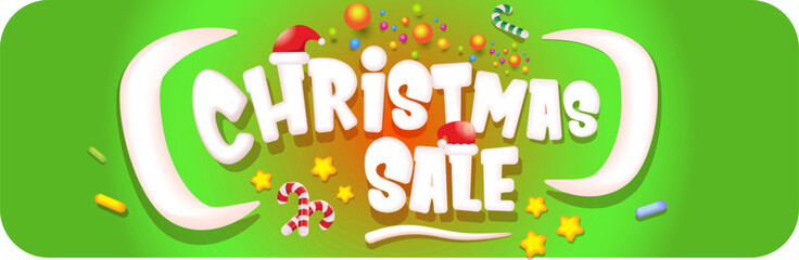 Wall Mural - cartoon christmas sale horizontal banner with lighting stars, candies, lollipops, snow, santa red hat and christmas lights isolated on green background. Cartoon kids style sale label sticker button