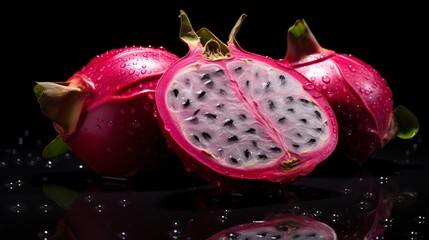 A pitaya passion fruit that is pink and isolated on a black background