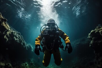 Wall Mural - Scuba diver. Scuba diver exploring underwater cave. Underwater life Concept. Marine Life concept. Scuba diver in the deep blue sea. 
