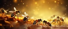 A Group Of Bees Flying Around A Beehive Busy Bees Buzzing Around Their Honeycomb Home. Copyspace Image. Square Banner. Header For Website Template