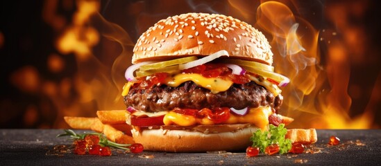Poster - A delicious gourmet cheeseburger on a pretzel bun with lettuce onion and tomato. Copyspace image. Square banner. Header for website template