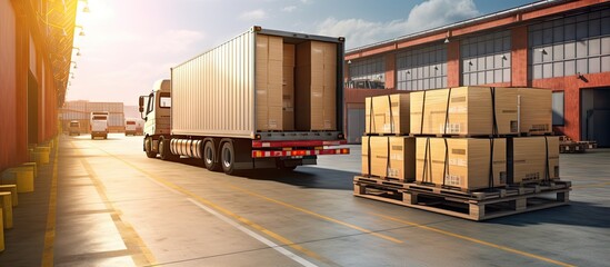 Wall Mural - cargo shipment loading for truck stacked of shipments boxes on pallet with hand pallet truck waiting