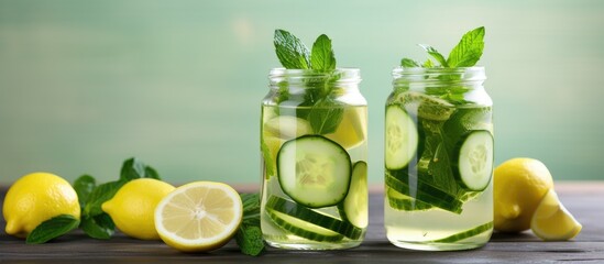Aufkleber - Cucumber infused detox water in a glass with ice Homemade flavored lemonade Fresh cucumber lemonade with basil and lemon in a glass. Copyspace image. Square banner. Header for website template