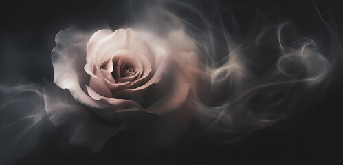 Rose flower background with soft light and smoke. Dark style