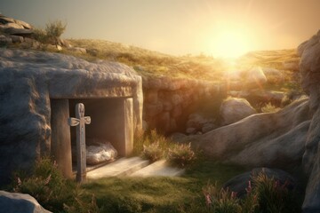 Canvas Print - Empty stone Jesus tomb in morning sunlight. Risen god divine sacred crucifixion. Generate ai