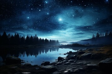 Arched Milky Way over the beautiful mountains and blue sea at night in summer
