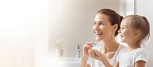 Dental Care Father With Daughter Brush Their Teeth And In Bathroom Of Their Home Oral Hygiene Routine Parent With Child Use Toothbrush For Health And Wellness Mouth Protection In The Morning