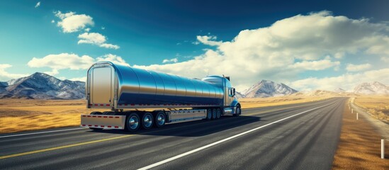 Wall Mural - commercial big rig blue industrial long haul semi truck transporting liquid cargo in tank semi trail