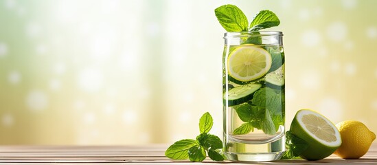 Aufkleber - Cucumber infused detox water in a glass with ice Homemade flavored lemonade Fresh cucumber lemonade with basil and lemon in a glass. Copyspace image. Square banner. Header for website template