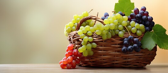 Poster - Bunches of white and pink grapes in a wicker basket. Copyspace image. Square banner. Header for website template