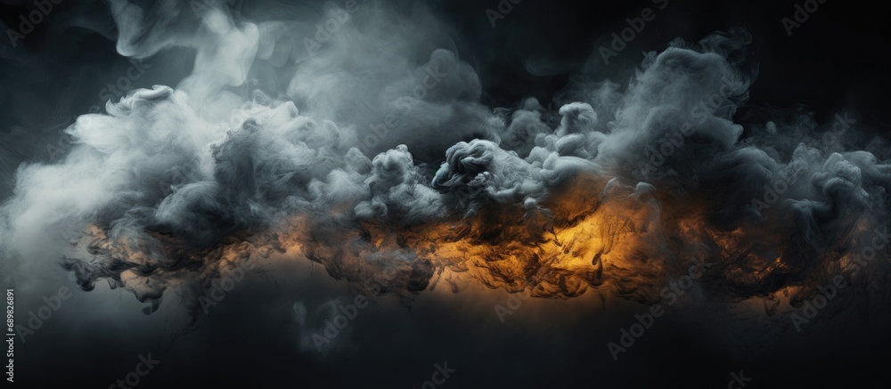 Burning building with flames and black smoke. Copyspace image. Square ...