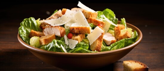 Aufkleber - Caesar salad with grilled chicken breast hard boiled egg croutons parmesan cheese green salad lettuce and dressing. Copyspace image. Square banner. Header for website template