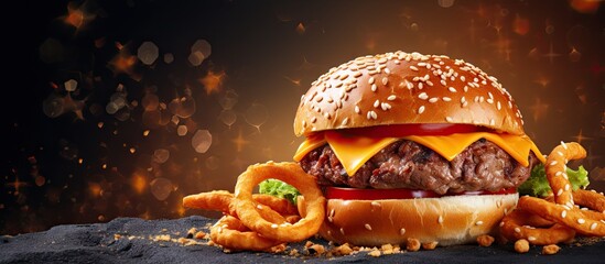 Poster - A delicious gourmet cheeseburger on a pretzel bun with lettuce onion and tomato. Copyspace image. Square banner. Header for website template