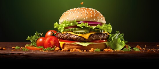 Aufkleber - cheddar cheeseburger with tomato and lettuce. Copyspace image. Square banner. Header for website template