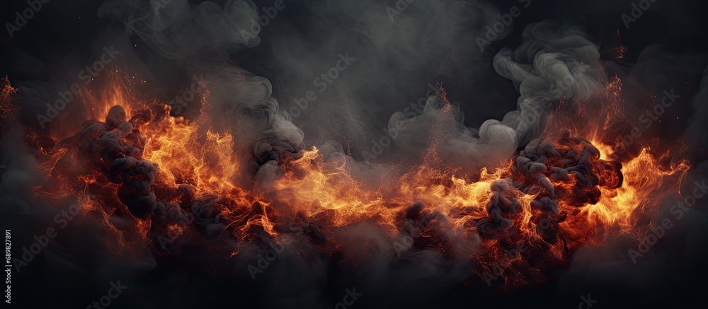 Burning building with flames and black smoke. Copyspace image. Square ...