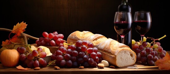 Bread wine grapes and pumpkin thanksgiving or autumn still life. Copyspace image. Square banner. Header for website template