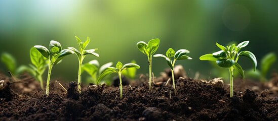 Poster - A row of green vegetable pepper bushes Young pepper seedlings growing in the open ground on an eco farm small depth of field Growing organic vegetables. Copyspace image. Square banner