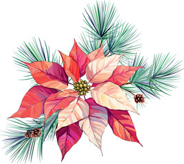 Wall Mural - Christmas bouquet. Poinsettia flower. Festive red flower. Pine cone, New Year's tree. New Year's bouquet for decoration