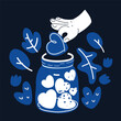 Cartoon vector illustration of Volunteering, generosity, investment, help concept. Volunteers putting hearts inside glass jar. Donation support during charity campaign for social awareness.