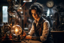 A Steampunk Inventor In Her Workshop, Surrounded By Mechanical Creations, Victorian Attire With Copper Accessories
