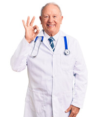 Sticker - Senior handsome grey-haired man wearing doctor coat and stethoscope smiling positive doing ok sign with hand and fingers. successful expression.