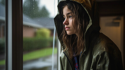 Wall Mural - Contemplative teenager looking out a rain-streaked window
