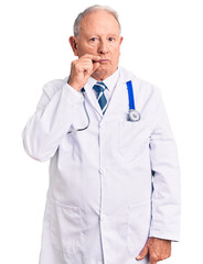 Sticker - Senior handsome grey-haired man wearing doctor coat and stethoscope mouth and lips shut as zip with fingers. secret and silent, taboo talking