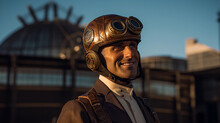 Steampunk Pilot, Leather Helmet With Brass Details, Standing Before A Propeller Aircraft