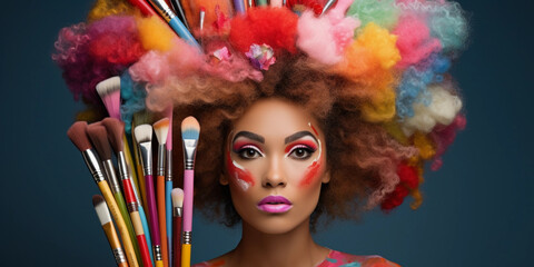 Wall Mural - Portrait of an artist with an enormous, colorful afro made of paintbrushes and pencils, softbox lighting