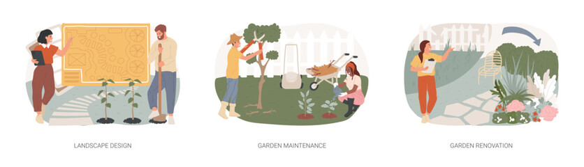 Wall Mural - gardening services isolated concept vector illustration set. landscape design, garden maintenance an