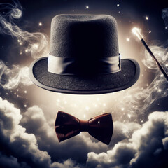 Poster - photo of magic illusionist hat under evil spell fly air. ai generative