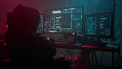 Woman programmer types on back-lit keyboard coding program