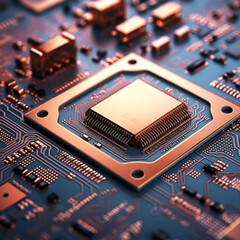 copy space, stockphoto, close up of a high tech computer chip. High end technology. Close up of a semiconductor. Future technology.